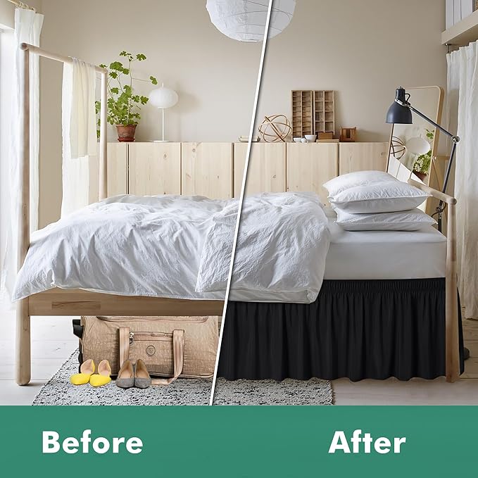 Biscaynebay Wrap Around Bed Skirts with Split Corners for Full Beds 18" Drop, Black Adjustable Elastic Dust Ruffles Easy Fit Wrinkle Resistant Silky Luxurious Fabric Machine Washable