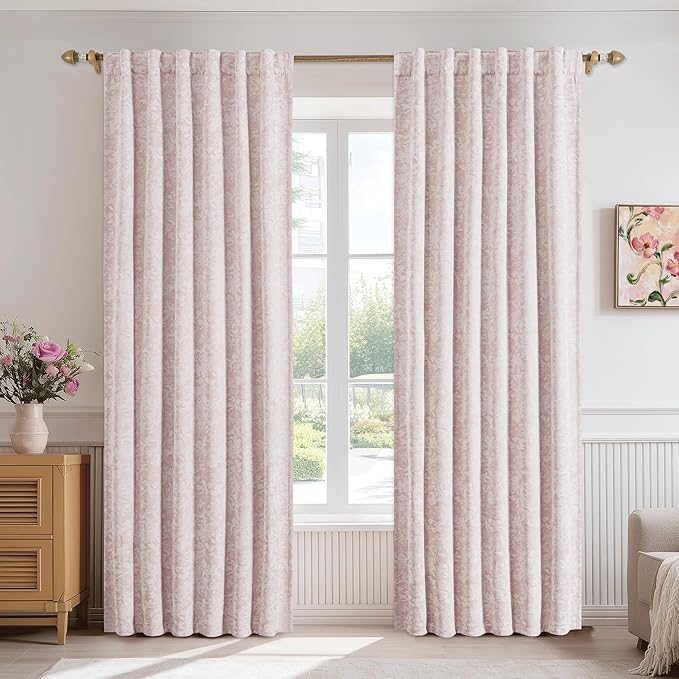 Beauoop Pink Floral Jacquard Blackout Curtains 90 Inches Long 2 Panels for Girls Bedroom Living Room Chenille Flower Room Darkening Thermal Insulated Soundproof Rod Pocket Back Tab Window Drapes 52x90