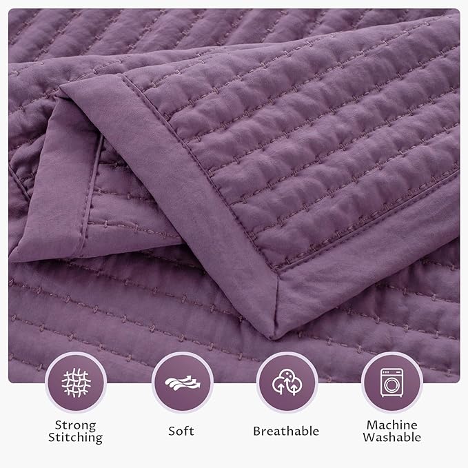 KASENTEX Oversized Queen Quilt Set 102"x106" – Soft Washed 3-Layer Lightweight Bedspread, Minimalist Nordic Design, All-Season Spring & Summer Quilt Set (1 Quilt + 2 Pillow Shams),Grape Jam Purple