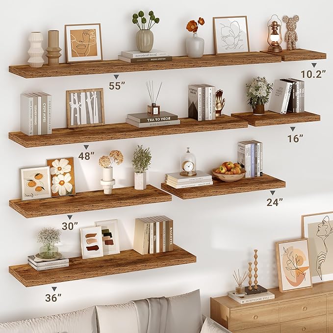 Vivelove 10 Inch Deep Floating Shelves 48 inch Long, 47.2 x 10 Wide Wall Shelves with Invisible Brackets, for Bedroom Bathroom Living Room Kitchen Office, Farmhouse Home Decor, Set of 2, Rustic Brown
