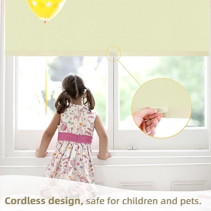 ChrisDowa Cordless Blackout Roller Shades for Windows, Striped Free-Stop Window Blinds with Privacy, Thermal Insulated Window Shades for Home, Office and Door. Beige, 59" W x 72" H
