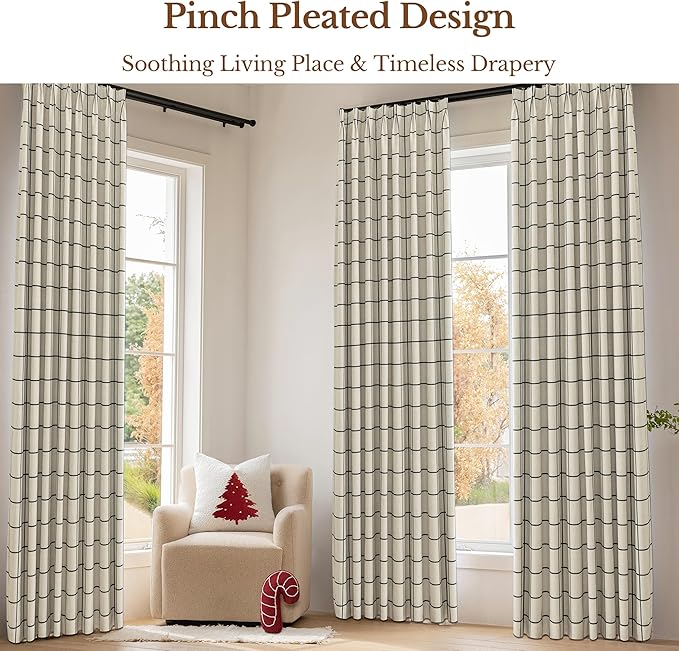 Plaid Pinch Pleated Curtains - Modern Luxury Linen Buffalo Blackout Drapes, Thermal Insulated Double Layer Window Panels for Living Room Bedroom, 90 Inches Long Black 2 Panels Set