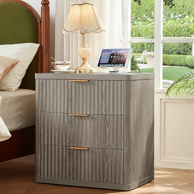 LEYAOYAO 48" Wide Fluted Dresser and 3 Drawers 23" Nightstand Set of 2, Wooden Dresser & Night Stand with Charging Station, 3 Piece Bedroom Furniture Set, Wood Chest of Drawer for Living Room,Grey
