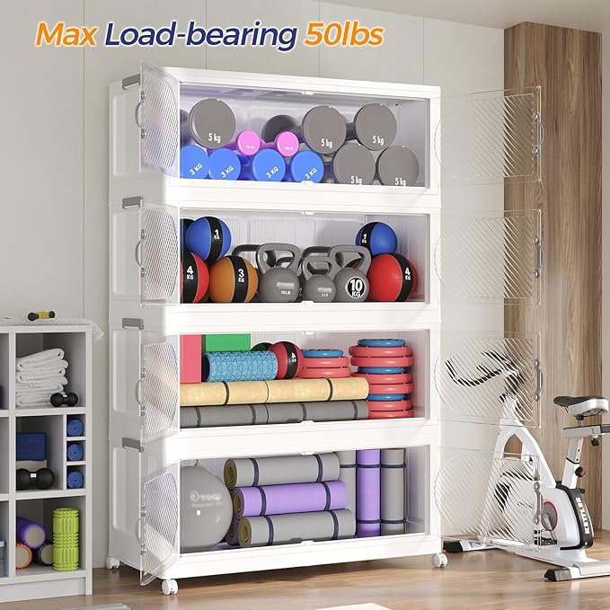 480QT Plastic Stackable Storage Bins with Lid, 120GAL Extra Large Collapsible Box with Wheels Clear Door, Foldable Closet Organizer Container Cabinet Drawer for Home Kitchen，3Pack, White