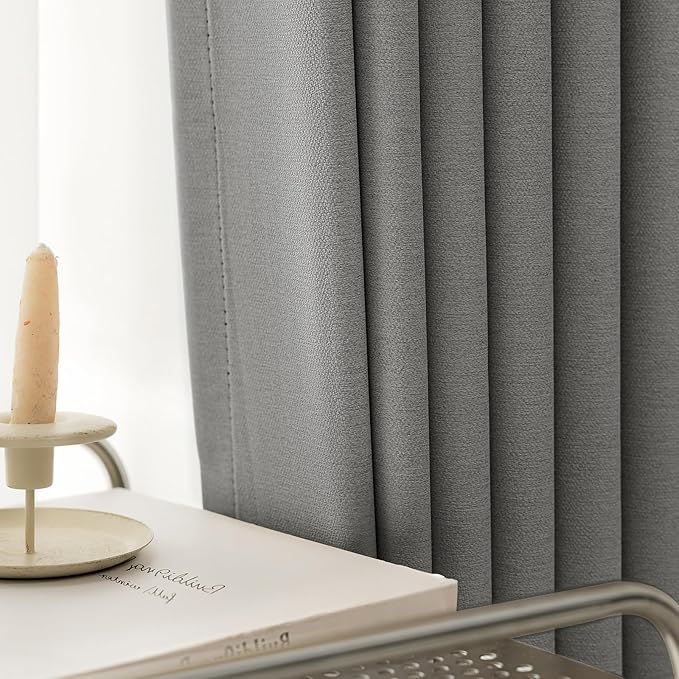 100% Blackout Curtains 102 inch Length 2 Panels for Living Room, Linen-Look Textured Room Darkening Thermal Insulated Noise Reduction Farmhouse Drapes for Bedroom (W52xL102, Grey)