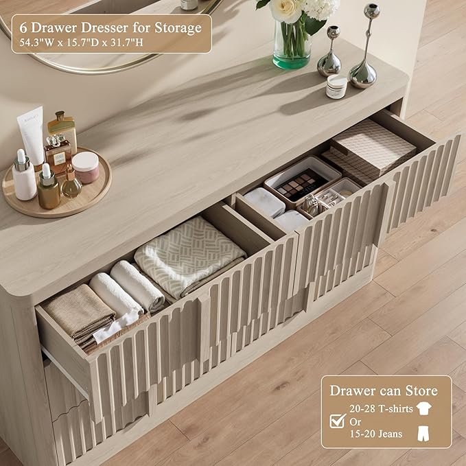 Fluted Dresser for Bedroom, 47" Wide Chest of Drawers, Modern 6 Drawer Dresser with Solid Wood Handle, Curved Profile Design, Wood Dressers Storage Organizer, Living Room, Hallway, White Alder