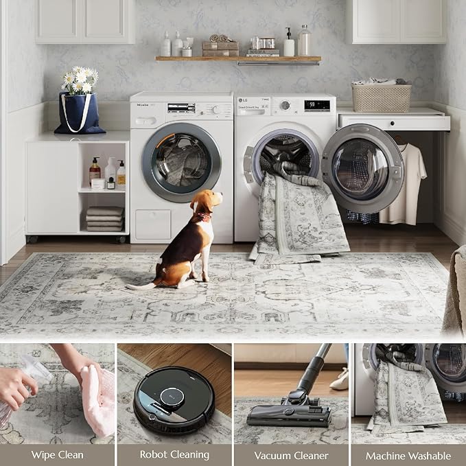 jinchan Hallway Runner Rug 2x10 Machine Washable - Vintage Floral Non-Slip Low-Pile Soft Ultra-Thin Faux Wool Kitchen Rug Distressed Carpet Runner for Farmhouse Bedroom Laundry Room (2x10ft, Taupe)