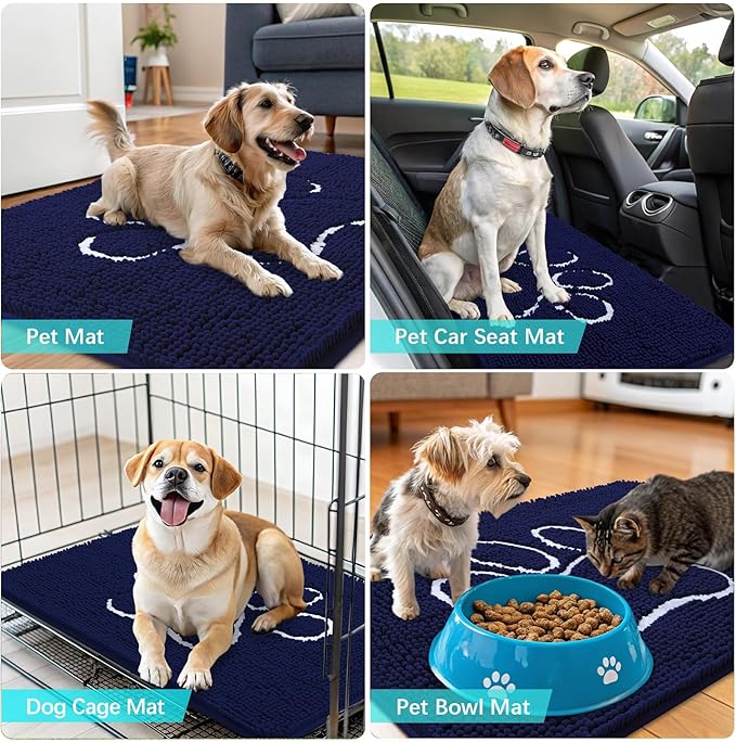 OLANLY Dog Door Mat for Muddy Paws 70x24, Paw Print Design, Absorbs Moisture and Dirt, Absorbent Non-Slip Washable Doormat, Quick Dry Chenille Mud Mat for Dogs, Entry Indoor Entryway Carpet, Navy Blue