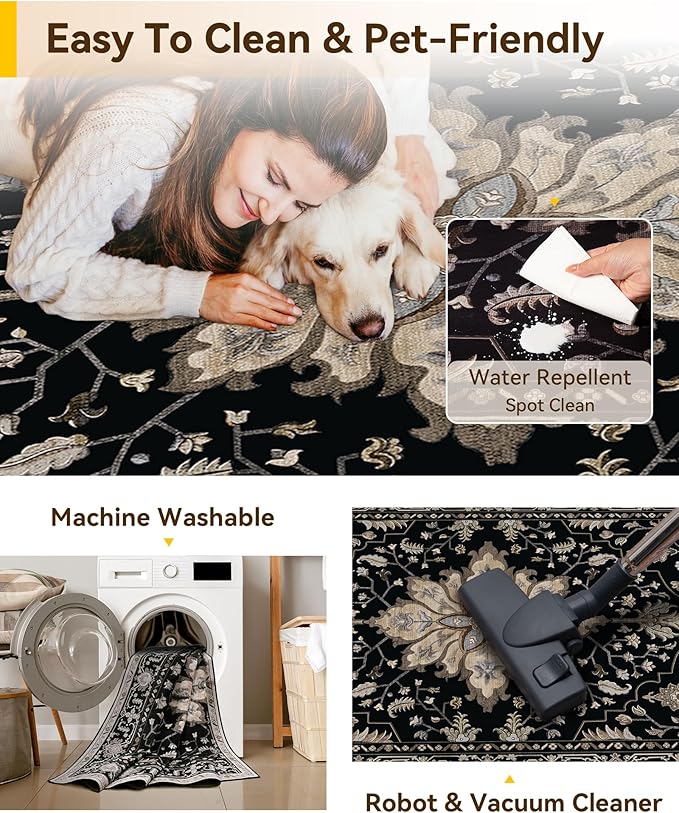 Area Rugs 3'x9' Washable Non-Slip, Floral Vintage Distress Print Pattern Medallion Carpet for Living Room Bedroom Dining Room, Black Brown Neutral Dark Tan