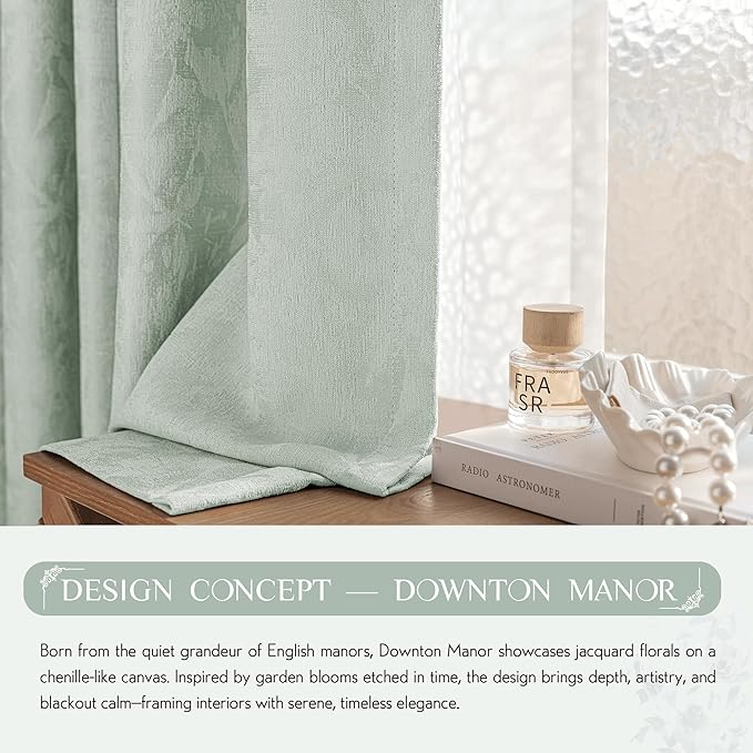 Beauoop Green Floral Jacquard Blackout Curtains 72 Inches Long 2 Panels for Bedroom Living Room Sage Flower Chenille Room Darkening Thermal Insulated Soundproof Grommet Window Treatments Drapes, 52x72