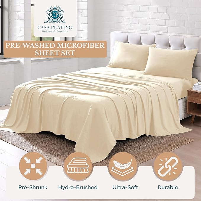 Casa Platino Queen Sheets Set, Soft & Cozy Bed Sheet Set for Queen Size Bed, 4 Piece Pre-Washed Microfiber Sheets with Deep Pocket Fitted Sheet, Breathable & Lightweight Everyday Bedding – Ivory