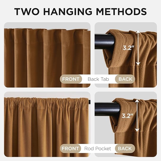 Joydeco Golden Brown 100% Blackout Curtains 120 Inch 2 Panels, Luxury Thermal Brown Velvet Curtains for Bedroom Living Room, Soundproof Blackout Window Drapes, Rod Pocket & Back Tab (52W x 120L)