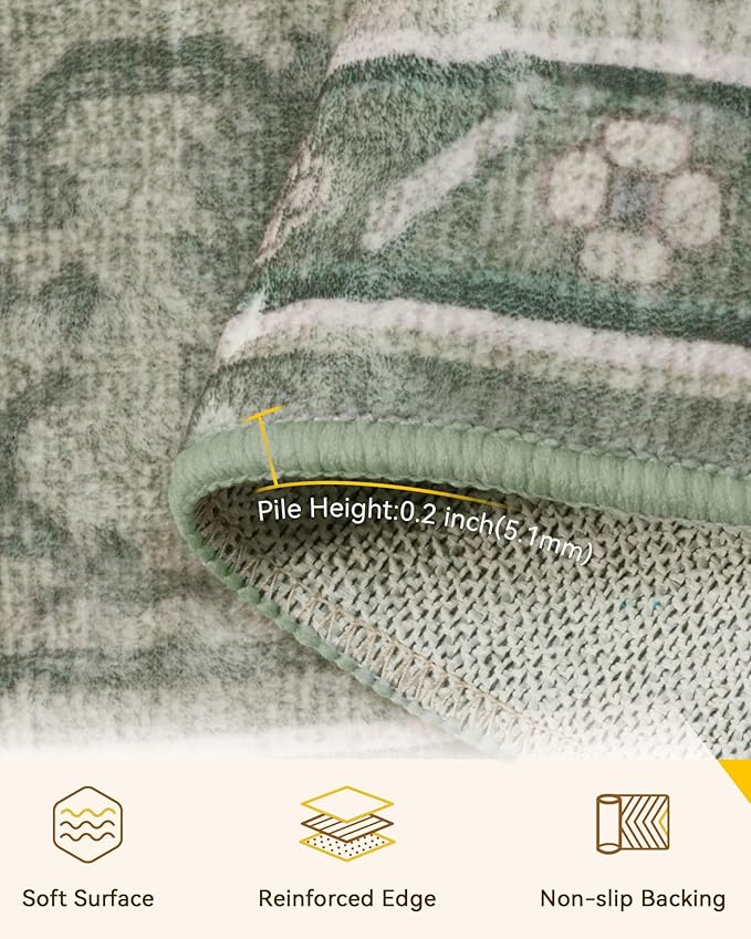 Area Rugs 4'x6' Washable Non-Slip, Floral Vintage Distress Print Pattern Medallion Carpet for Living Room Bedroom Dining Room, Dark Green Gray