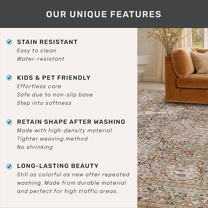 Moss 3x12 Extra Long Wide Runner Rug for Hallway, Non Slip Washable, 12 ft Large Kitchen Floor Rugs for Indoor Entrance, Low Pile Stain Resistant Vintage Floral Leaf Carpet