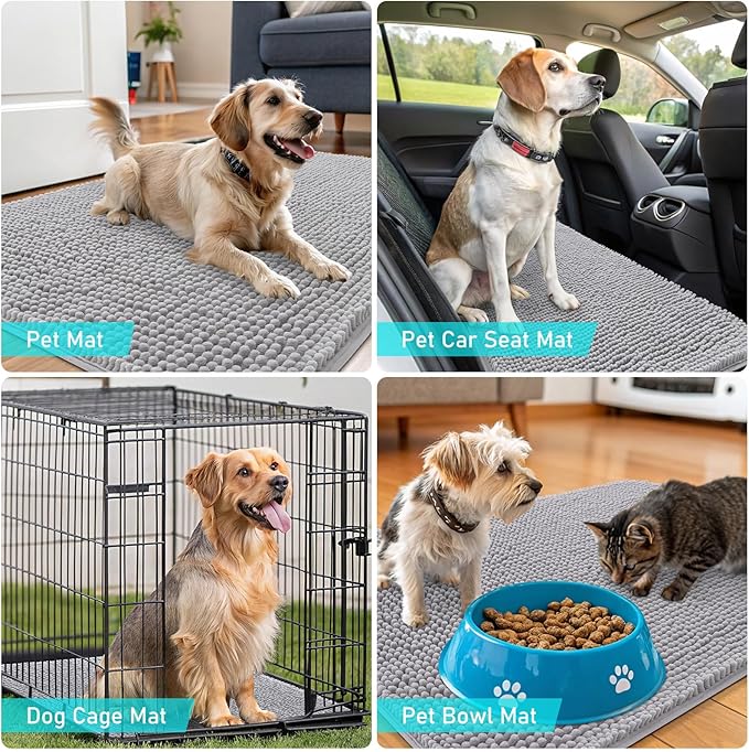 OLANLY Dog Door Mat for Muddy Paws 48x30, Absorbs Moisture and Dirt, Absorbent Non-Slip Washable Doormat, Quick Dry Chenille Mud Mat for Dogs, Entry Indoor Entryway Carpet for Inside Floor, Light Grey