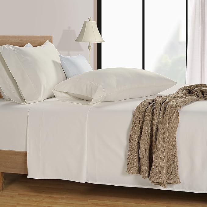 LANE LINEN 600 Thread Count Twin XL Sheets Set - 100% Cotton Bed Sheets Set Twin XL Size - Fully Elasticized Machine wash Sheets Set Twin XL Size, Deep Pocket Bedding Sheets & Pillowcases Set - Ivory