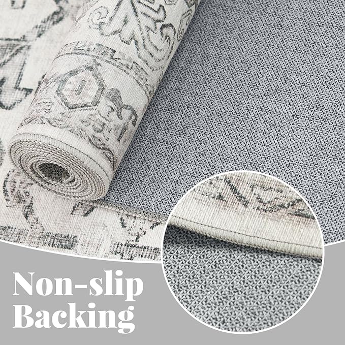 jinchan Lima Kitchen Runner Rug 2x8 - Vintage Floral Machine Washable Non-Slip Hallway Runner Rug with Rubber Backing Ultra-Thin Carpet for Bedroom Laundry Room Farmhouse (2x8ft, Grey)