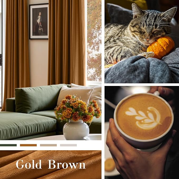 Lazzzy Velvet Blackout Curtains Thermal Insulated Room Window Drapes Super Soft Luxury Curtains for Living Room Bedroom Rod Pocket 2 Panels, Gold Brown, 62" W x 108" L