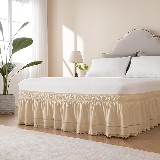 MIYE Wrap Around Ruffled Lace Bed Skirt, Elastic Dust Ruffle with Adjustable Belts, Easy to Put On, Bed Frame Cover, Machine Washable (Floral Lace/Beige, King/Queen-12.5" Drop)