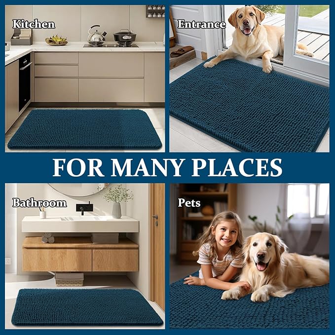 OLANLY Dog Door Mat for Muddy Paws 59x20, Absorbs Moisture and Dirt, Absorbent Non-Slip Washable Doormat, Quick Dry Chenille Mud Mat, Entry Indoor Entryway Carpet for Inside Floor, Atlantic Blue