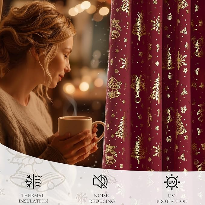 NICETOWN 2 Panels Christmas Curtains W52 x L84 in, Gold Foil Christmas Tree Printed Thermal Insulated Curtains, Xmas Theme Holiday Decor for Bedroom Living Room, Xmas Gifts Drapes, Burgundy Red