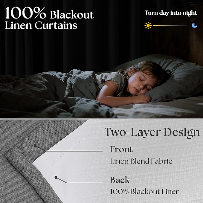 Grey Pleated Linen Blackout Curtains 80 Inches Long for Bedroom Living Room Pinch Pleat Black Out Thermal Insulated Ring Hooks Back Tab Room Darkening Drapes Charcoal Gray 80 Inch Curtains with Liner