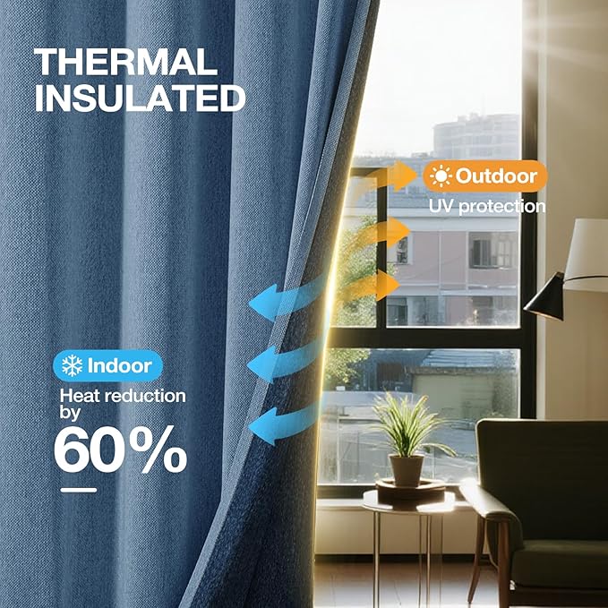 100% Blackout Curtains for Bedroom, Thermal Insulated Curtains 63 Inch Length Curtain 2 Panels, Soft Farmhouse Linen-Look Textured Full Light Blocking Room Darkening Drapes, W52xL63, Blue