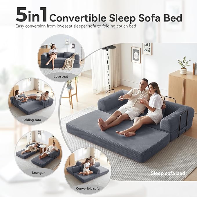 Sofa Bed, Corduroy Sleeper Sofa Bed with Fixed Frame, Floor Sofa Lounge with Pillow, Convertible Folding Mattress Couch for Living Room, Bedroom, Lounge, Studio (Dark Grey)