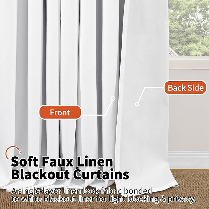 Short Blackout Curtains 54 Inch Length 2 Panels, Thermal Insulated Total Light Blocking Linen Window Curtains for Bedroom Basement Farmhouse Privacy Noise Reducing, Grommet, White, Each 52" Wide
