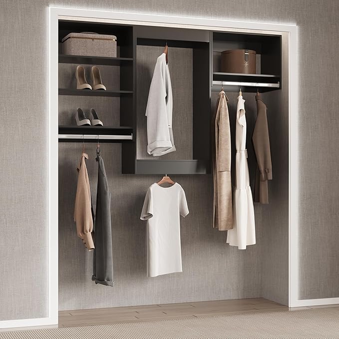 Double Hanging Closet Unit, Modular Closet System, Wood Closet System Organizer with Storage for Walk in Closets, Clothing Rack Wardrobe Closet for Hanging Clothes, Bedroom, Black, 22.5" W