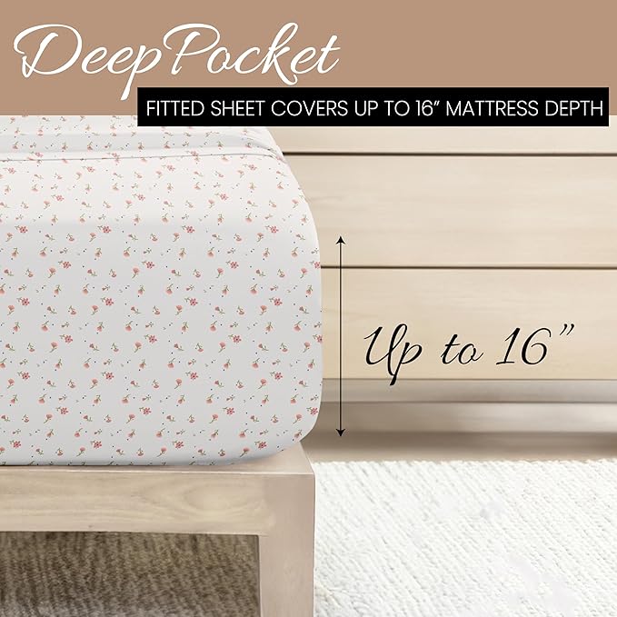 Linen Market Double-Brushed Patterned Microfiber California King Sheet Set 4 Piece – Oeko-TEX Certified Ultra Soft & Wrinkle-Free - 16" Deep Pocket Sheets Easy Care Cal-King Size - Soft Floral Pink
