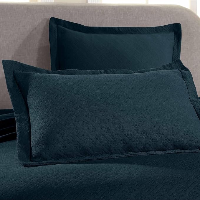 Superior 100% Cotton Basket Weave Bedspread with Shams, All-Season Premium Cotton Matelasse Jacquard Bedding, Quilted-Look Geometric Basket, Queen, Deep Sea