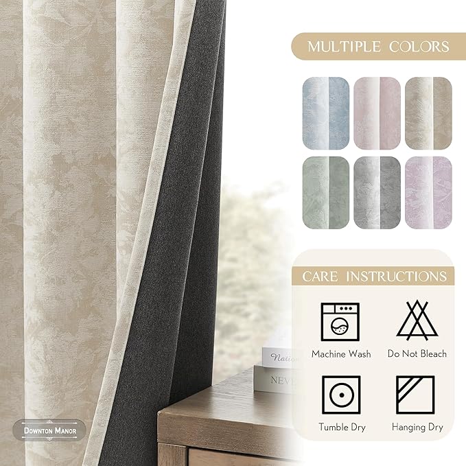 Beauoop Beige Floral Jacquard Blackout Curtains 90 Inches Long 2 Panels for Bedroom Living Room Taupe Flower Chenille Room Darkening Thermal Insulated Soundproof Grommet Window Treatments Drapes 52x90