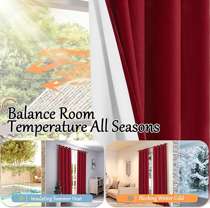 Red Christmas Linen Blackout Curtains 54 Inch Long 2 Panels, Cold Blocking Winter Thermal Insulated Curtains for Living Room Small Window Decor, Soundproof Curtains Each 52x54 Inch 2 Panels