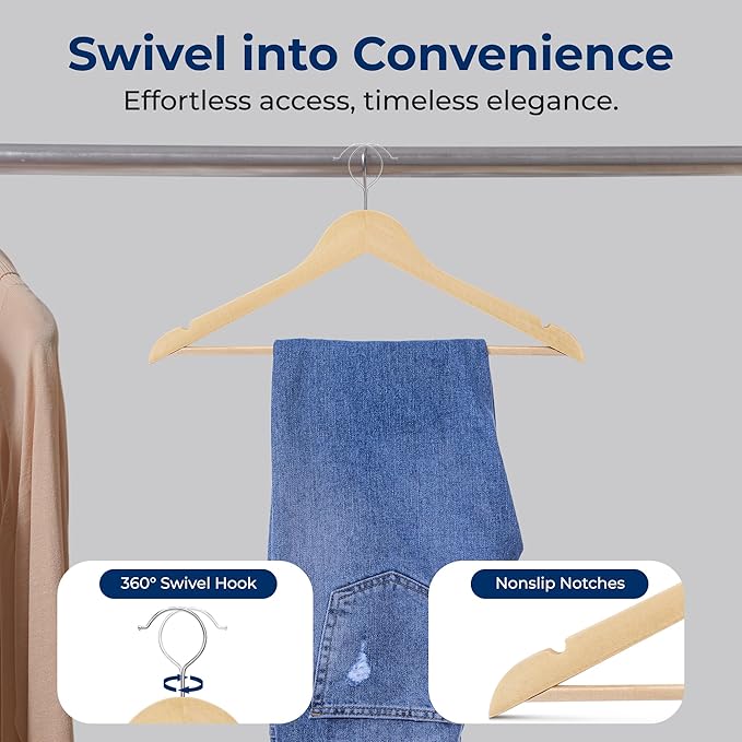 SereneLife 30-Pack Heavy Duty Wooden Hangers – Solid Wood Clothes Hanger Set with 360° Swivel Hook, Pant Bar & Notches for Jackets, Suits, Dresses, and Tops – Natural Smooth Finish