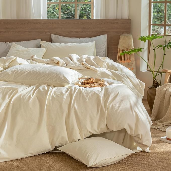MooMee Wavy Striped Duvet Cover Set 100% Washed Cotton Linen Like Textured Breathable Durable Soft Comfy (Cream White, Super King Plus 120"x120")