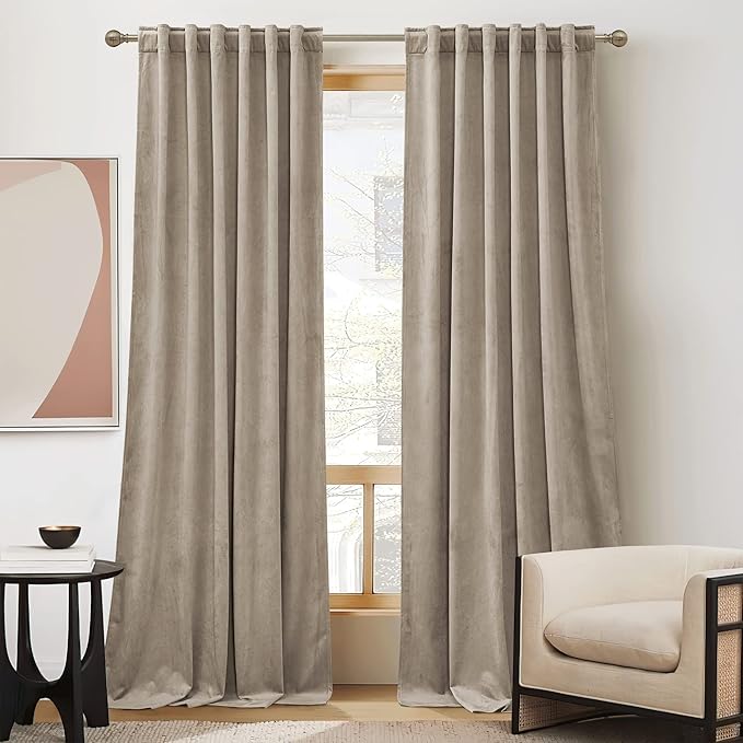 RYB Home Farmhouse Curtains Elegant Velvet, Darkening Privacy Shades as Window Treatment Thermal Curtains for Living Room Bedroom Dining Room, Camel Beige, W52 x L108 inches, Set of 2