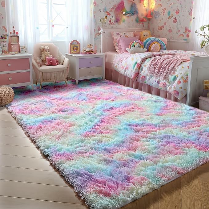 PAGISOFE 9x12 Rainbow Large Area Rug,Plush Rugs for Bedroom Girls,Shaggy Carpet for Kids Room,Fuzzy Nursery Rug for Baby's Toddler's Room,Clorful Room Decor for Teenage Pastel Princess Rug