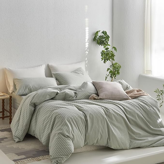 MooMee Striped Duvet Cover Set 100% Washed Cotton Linen Like Textured Breathable Durable Soft Comfy (Sage Green White Wide Stripes, Oversized Queen 98"x98")