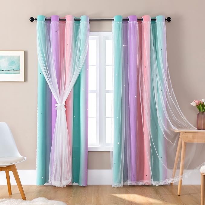 XiDi Dream Star Blackout Curtains for Kids Rooms Girl Princess Curtain for Daughter Bedroom Window (Pink Purple Green, W52 X L96)