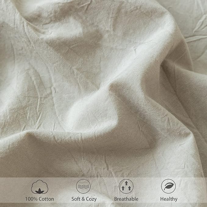 MooMee Fitted Bottom Sheet Only 100% Washed Cotton Linen Like Textured Breathable Durable Soft Comfy Deep Pocket Fits Mattress up to 17" (Cream Grey, California King)