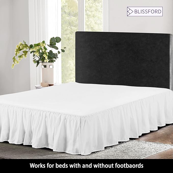 BLISSFORD White Bed Skirt Queen Size 14 inch Drop - with Split Corners - Cotton Blend Ruffled Bed Skirt, Dust Ruffle for Queen Size Bed, Platform White Bedskirt, Machine Washable