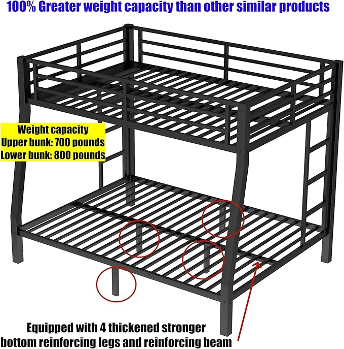 Upgraded & Stronger Heavy Duty Metal Full XL Over Queen Bunk Bed for Adults & Teens, Thickened More Stable Safer Bunkbeds (Greater Weight Capacity) (Full XL Over Queen)