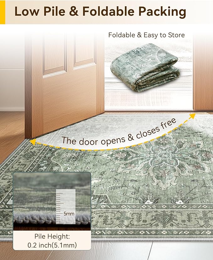 Area Rugs 3'x9' Washable Non-Slip, Floral Vintage Distress Print Pattern Medallion Carpet for Living Room Bedroom Dining Room, Dark Green Gray