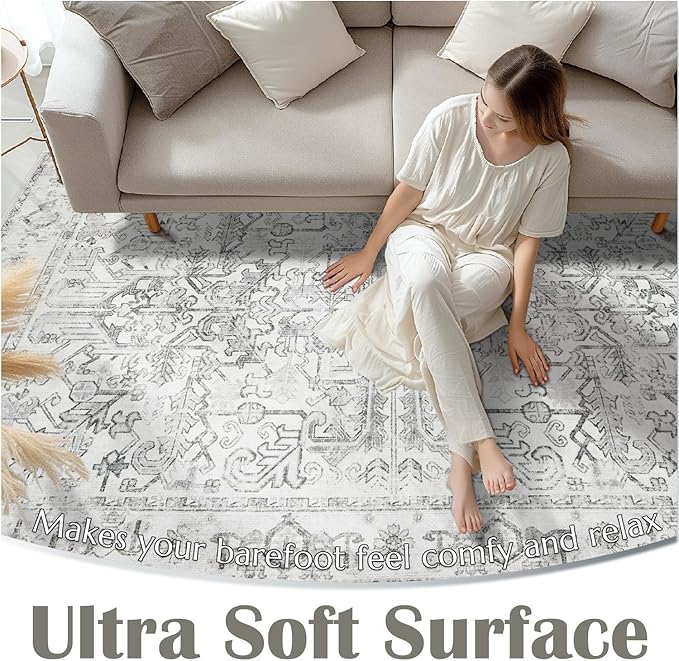 jinchan Lima Runner Rug 2x6 Washable Hallway Runner - Vintage Floral Non Slip Low-Pile Soft Ultra-Thin Kitchen Rug Distressed Carpet for Farmhouse Bedroom Entryway Laundry Room (2x6ft, Grey)