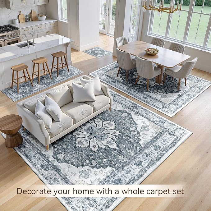 Area Rugs 6'x8' Washable Non-Slip, Floral Vintage Distress Print Pattern Medallion Carpet for Living Room Bedroom Dining Room, Light Gray Grey White