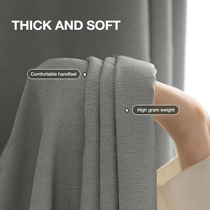 100% Blackout Curtains Thick Soft Curtain 2 Panels Set for Small Bedrooms/Children's Rooms, Linen-Look Textured Full Light Blocking Room Darkening Thermal Insulated Drapes (W52xL54, Grey)