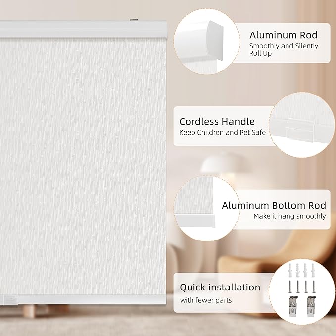ChrisDowa Cordless Blackout Roller Shades for Windows, Striped Free-Stop Window Blinds with Privacy, Thermal Insulated Window Shades for Home, Office and Door. White, 22" W x 72" H