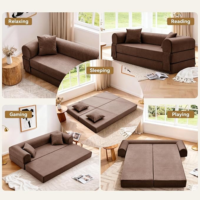 Convertible Sleeper Sofa Bed,78.5 Inch Faux Leather Futon Couch with Pillows & Storage Pocket,5-in-1 Folding Sofa Bed Queen with Pull Out Beds,Boneless Couches for Living Room,Couch in a Box,Brown