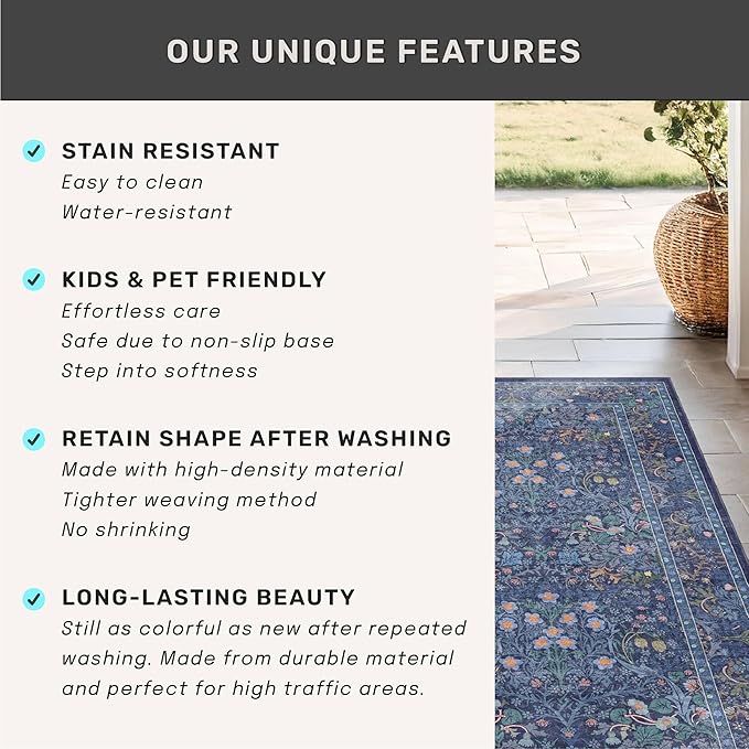 Washable Dining Room Rugs for Under Table - 7x9 Dark Blue Oriental Area Rug for Living Room, Low Pile Non-Slip Floor Carpet for Bedroom Under Bed - Vintage Design & Stain Resistance (7x9 Dark Blue)